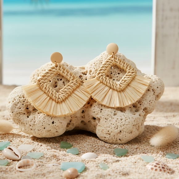 Boho Chic Raffia Statement Earrings | Handmade Beach Vibes Resortwear Jewelry - Picture 11 of 14